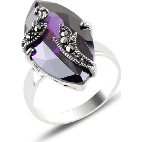 Silver 925 Sterling Marcasite & Zircon Crystal Ring