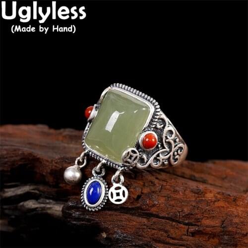 Uglyless Multi Gemstones Charms Ethnic Rings for Women Natural Lapis Agate Jade Square Ring 925 Silver Gemstones Vintage Jewelry