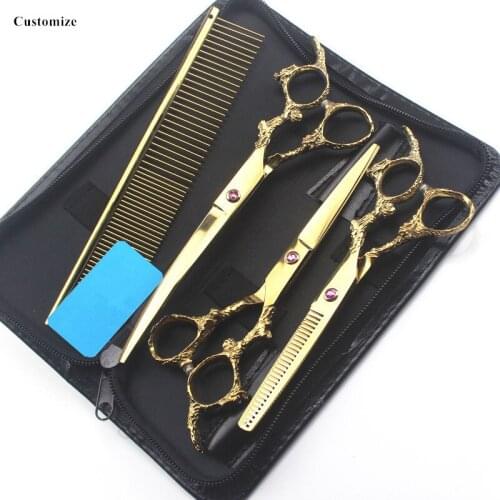 Customize 4 kit 6 7'' Japan steel gold dragon pet dog grooming hair scissors thinning shears cutting barber Hairdresser scissors