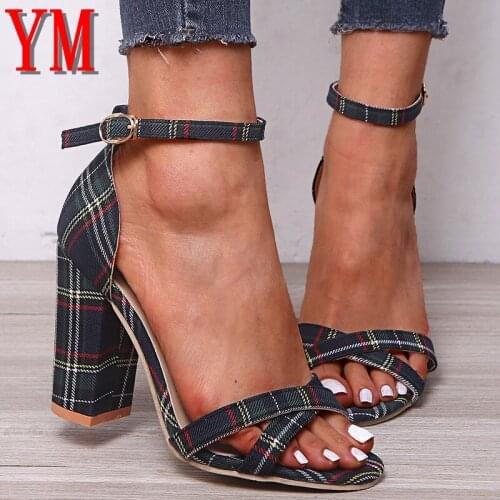 Women Sandals Ankle Buckle Strap Summer Women Pumps Woman Gingham Open Toe Shoes Plus Size 43 Ladies High Square Heel Female 43