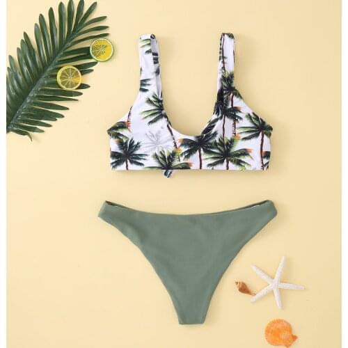 2pcs Women Swimsuits Bikini Set Push-Up Padded Top High Waist Plant Print Bowknot Thong Swimwear Brazilian Sexy Beachwear 202