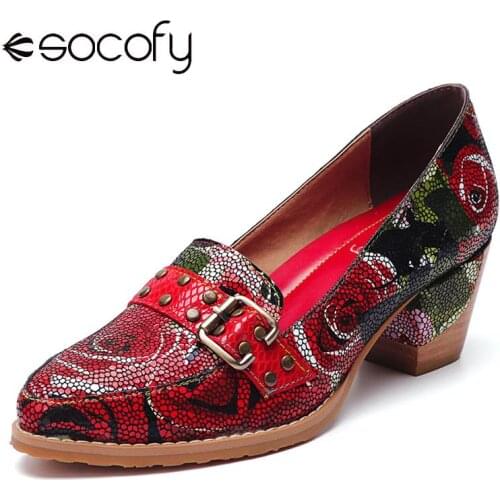SOCOFY Genuine Pumps Leather Bloom Rose Pattern Comfortable Elegant Casual Dress Pumps Shoes Women Ladies Shoes 2020
