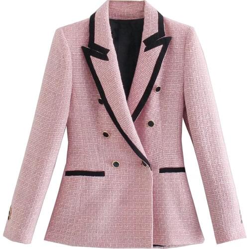 2021 Za Women Autumn New Fashion Double Breasted Texture Blazer Coat Vintage Long Sleeve Pockets Female Outerwear Chic