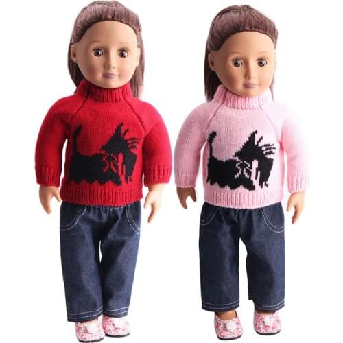 18 Inch American Doll Girls Cat Red Woollen Suit+Black Trousers Newborn Baby Toys Accessories Fit 40-43 Cm Boy Dolls Gift c164