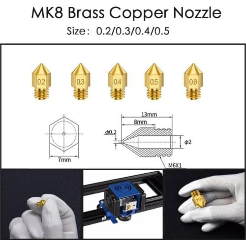 5pcs/lot MK8 3D Printer0.4mm 0.3mm 0.2mm 0.5mm Copper 3D Printer Extruder Threaded 1.75mm Filament Head Brass Nozzle for Ender 3