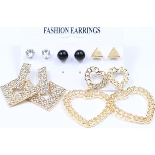5 pair/Set Womens Fashion Earrings Set Geometric Drop Earring Rhinestones Ear Studs Heart Hoop Earing