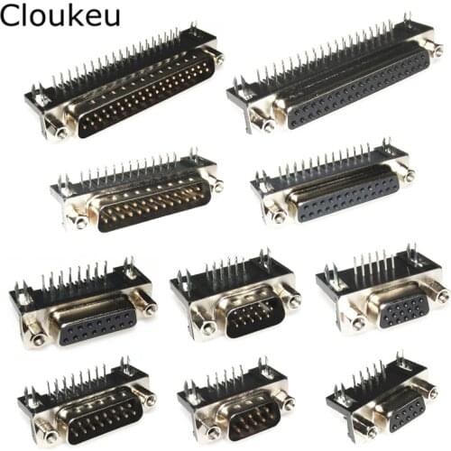 5Pcs DR9 DR15 DR25 DR37 Hole/Pin Female/Male Black Bending Pin 90DEG connector VGA serial port DB adapter