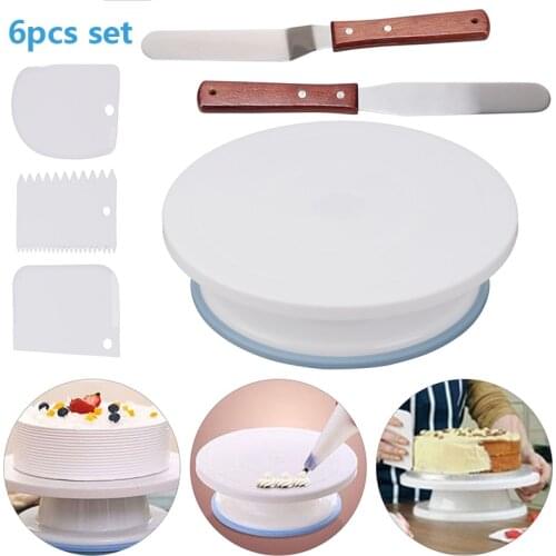 6Pcs Bake Set Food Grade Silicone Tools Decorating Turntable Rotating Stand Pastry Comb Icing Smoother Spatula Dough Knife Set