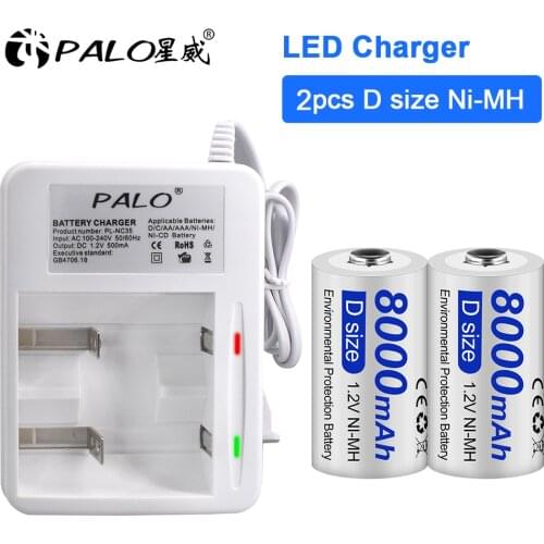 PALO D Size 8000mAh Rechargeable Battery+2 Slots LED display smart Charger Battery Charger for AA AAA C D Battery