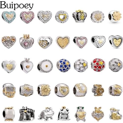 Buipoey Two-tone Baseball Snowflake Heart Beaded Golden Crown Frog Charm Fit Bracelets & Bangles Shiny Accessories Beads