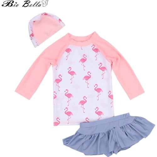 Children Kids Swimwear Girls Fashion Swimming Bathing Swimsuit Set Skirts+Cap+Tops Long Sleeve Bathwear Set Surfing Clothes Girl