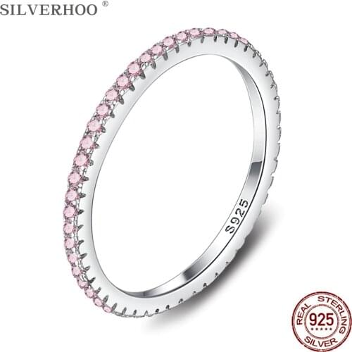 SILVERHOO 925 Sterling Silver Women Ring Cute Pink Zircon Wedding Female Rings Simple Geometric Fine Jewelry Hot Selling Present