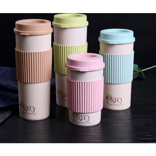 Coffee Tea Cup Wheat Straw Travel Water Drink Mug with Silicone Lid Drinking Mugs