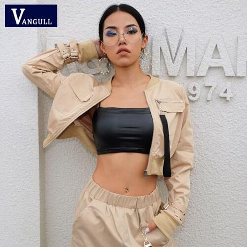 Vangull Women Streetwear Short Jacket Slim Safari style High street Long Sleeve Crop Top Zipper Buckle Fashion Female coat