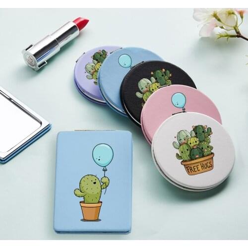 Cute Cartoon Cactus Mini Makeup Mirrors with 2 Face Funny Magnifying Cosmetic Pocket Compact Vanity Mirror Facial Care Tools