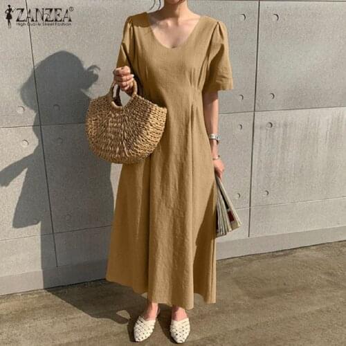 ZANZEA Fashion Women Dress 2021 Summer Vintage Pleated Maxi Vestidos Casual Short Sleeve Ladies Cotton A-line Oversized Sundress