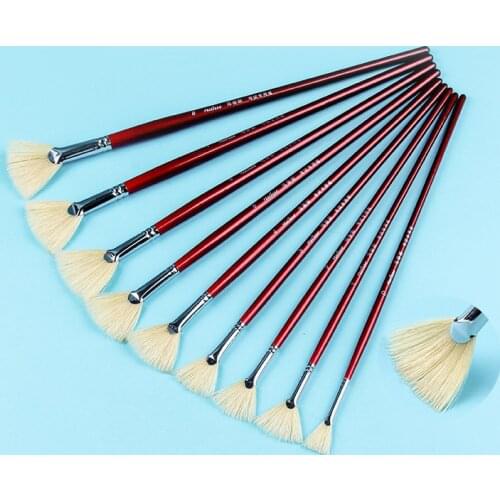 Articsy 9Pcs Fan Shaped Bristles Hair Gouache Oil Paint Brush Set For School Different Sizes Painting Drawing Brush Art Supplies