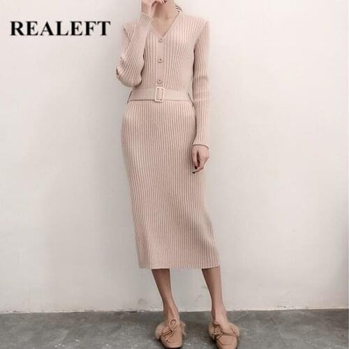 REALEFT Autumn Winter Knitting Wrap Dress Sashes 2021 New Solid High Waist Long Sleeve Sheath Bodycon Sexy Midi Sweater Dresses