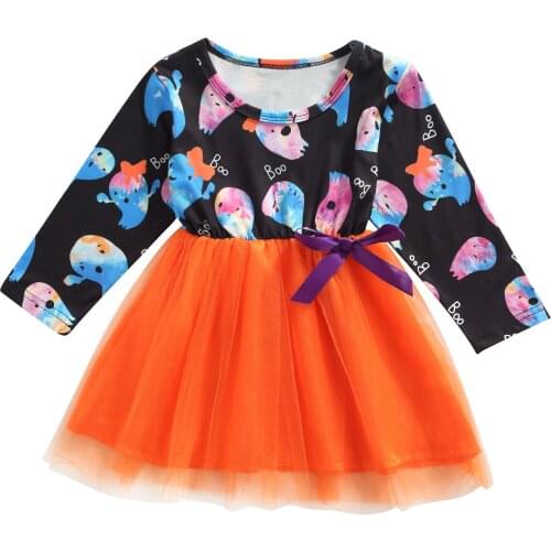 Little Infant Kids Baby Girl’s Casual Long Sleeve Dress Cartoon Halloween Printed Mesh Yarn A-line Dress