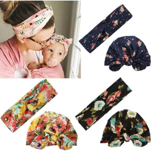 2PCS Womens & Kids Girls Boys Baby Flowers Headband Bow Flower Hair Band+Hats Accessories