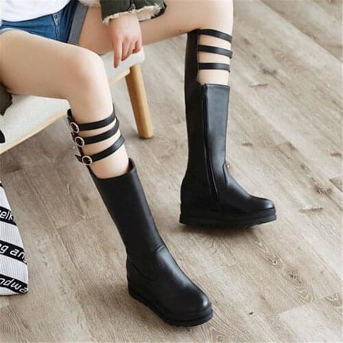 PXELENA Rome Gladiator Punk Gothic Combat Boots for Women Platform Hidden Heels Buckle Strap Hollow Out Knee High Boots Shoes 43