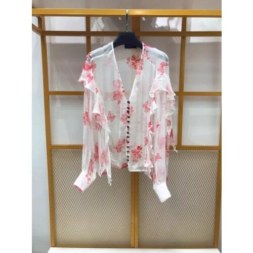 Women Shirt Spring and Summer New Rhinestone Buckle Lotus Leaf V-neck Silk Printed Shirt