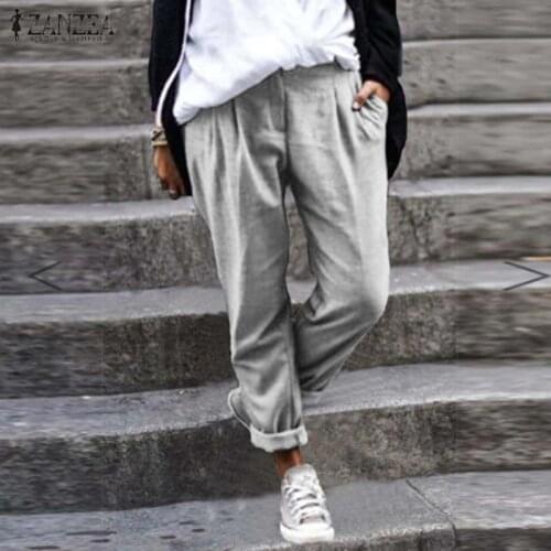 2021 ZANZEA Women Casual Harem Pants Autumn Solid Long Trousers Cotton Linen Pants Female Loose Turnip Pantalon Pant