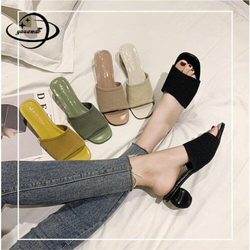 Size 35-40 Womens Slippers Summer Female Slippers 5cm Round Heel Mesh Pu Solid Color Outside Fashion Ladies Shoes K26