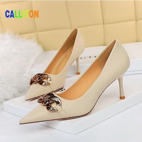 CALLITON 2021 Womens Shoes Fashion High Heels Lolita Sandals Metal Button Nightclub Single Shoes Autumn Banquet Office Pumps