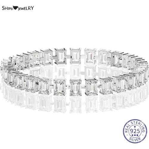 Shipei 100% 925 Sterling Silver Emerald Cut Gemstone Fine Jewelry Created Moissanite Wedding Engagement Charm Bangle Bracelet