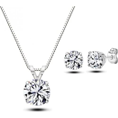 New 925 Sterling Silver Womens/Girls CZ Crystal Chain Necklace + Earrings Wedding Jewelry Sets Gifts