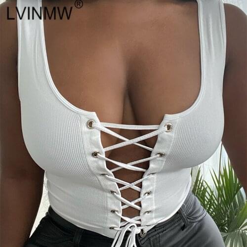 LVINMW Sexy Square Collar Sleeveless Lace Up Hollow Out Rib White Crop Top Woman Basic Fashion Tank Tops For Women Streetwear