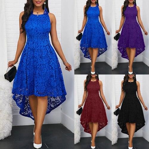 Floral Lace Women Solid Color Sleeveless Irregular Hem Formal Party Midi Dress Womens Sexy Dresses Formal Knee Length Round new