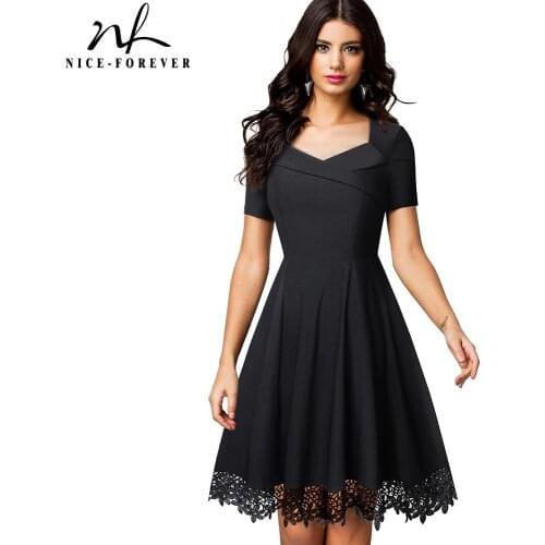 Nice-forever Elegant Embroidery Black Lace Dresses Short Sleeve Swing Flare Women Dress btyA032