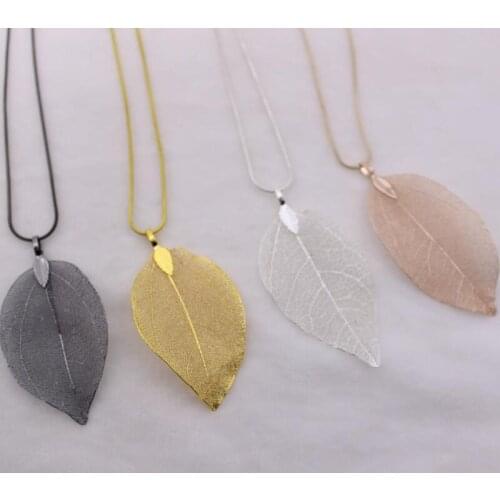 Fashion Jewelry Maxi Necklace Rose Gold Color Chain Real Leaf Charm Design Pendant Necklaces Women Gift LX8453