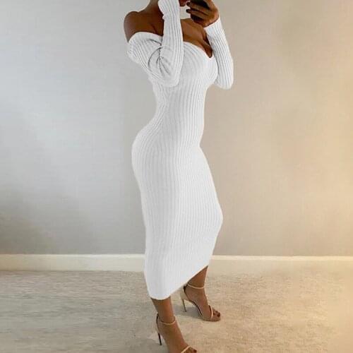 Strapless Long Knit Sweater V-neck Dress Women Nightclub Sexy Slim Wrap Dress Female Long Sleeve Knitted Dress