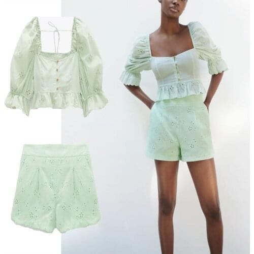 2021 Za Summer Blouses Women Embroidered Eyelet Green Cropped Blouse Puff Sleeve Smocked Elastic Ruffle Embroidery Vintage Top