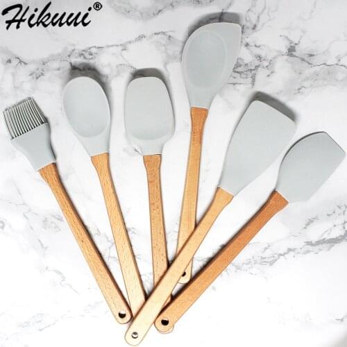 6pcs/set Utensils Light Grey Food Grade Silicone Wood Handle Kitchen Cooking Tools Cookware Spatula Turner Ladle Kitchenware