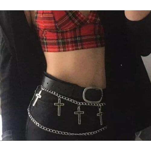 Hip hop Cool Geometric Cross Pants Keychain For Women Punk Silver Color Double Layer Trousers Waist Chain Jewelry Accessories