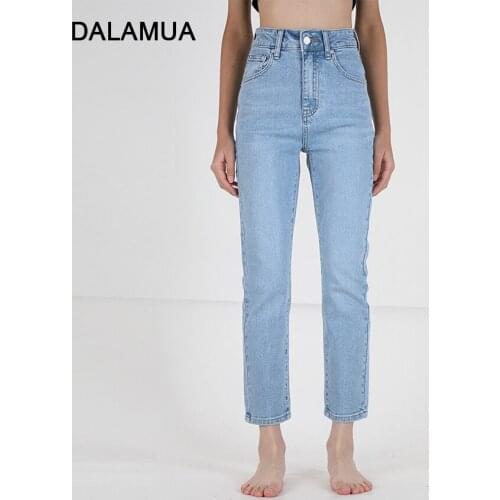 Casual Women Jeans Pants Straight High Waist Cotton Solid Blue 2021 Autumn Summer Office Lady Ankle-Length Female Denim Trousers