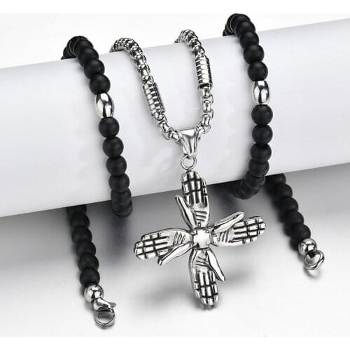Hip Hop Punk Stainless Steel Hand Palm Pendant Necklace Black Beads Chain Necklace