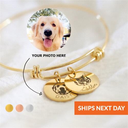 Personalized Pet Photo Disc Bracelet For Women Tiny Cat Name Pendant Bracelet Custom Animal photo 316L Stainless Steel Jewelry