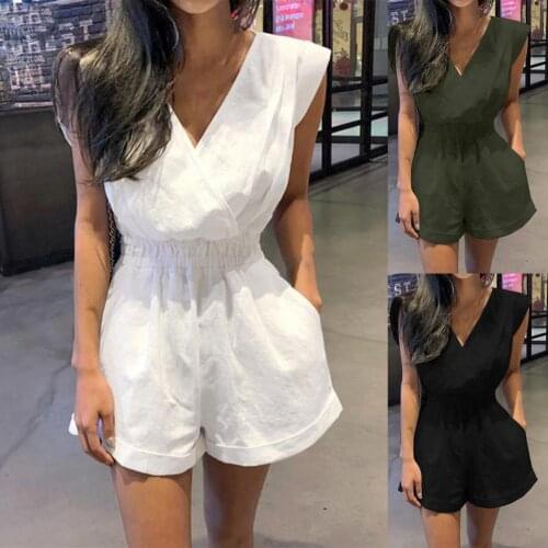 Backless Rompers Flexible V-neck Solid Color Sleeve-less Shorts Jumpsuits for Outdoor