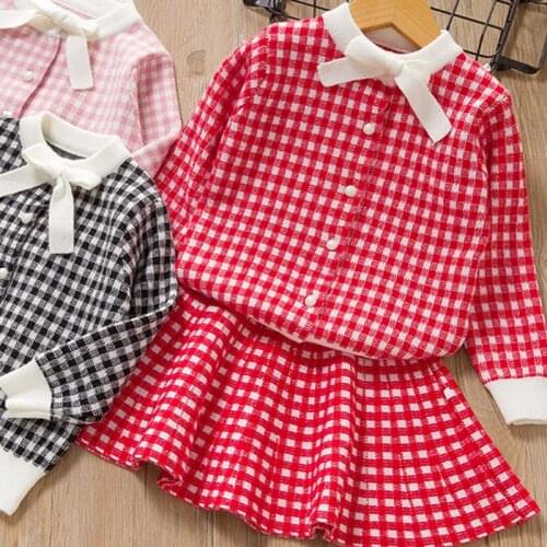 Girls Clothing Set New Autumn Kids Girl Clothes Sweet Plaid Children Outfits Bow Tie Cotton Suit Soft Kids Sets 2pcs Kids Gift