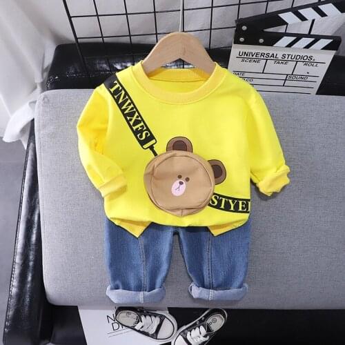 Baby Boys Clothing Sets Spring Autumn New Fashion Kids Cartoon Bear Bag T-shirt+Denim Pants 2pcs Suits Toddler Girls Clothes