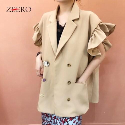 Korean Chic Women White Notched Collar Ruffles Vest Coat Ladies Loose Khaki Vests Summer Ladies Black Jacket Top Coats Waistcoat
