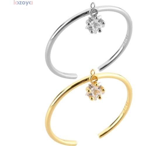 LOZOYA 100% 925 Sterling Slim Luxury Silver Slim One Star Zircon Resizable Ring Adjustable Fine Jewelry Round Jewels
