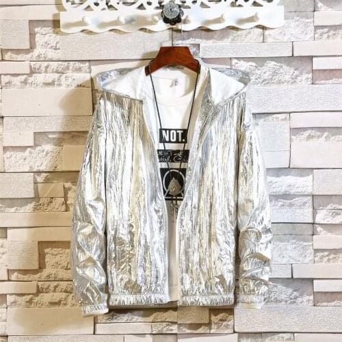 M~3XL Summer Mens Clothing New Fashion Personality Bright Thin Casual Sunscreen Jacket Plus Size Singer Costumes