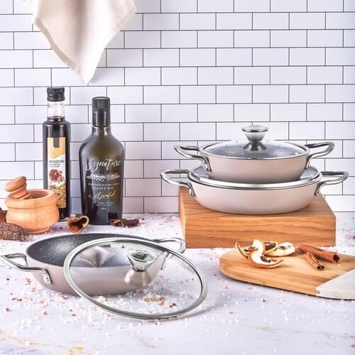Beige Granite 6 Piece Omlet Sahan Set stone welding non-stick fry pan pressed pans set fit for ignites fresh cooking