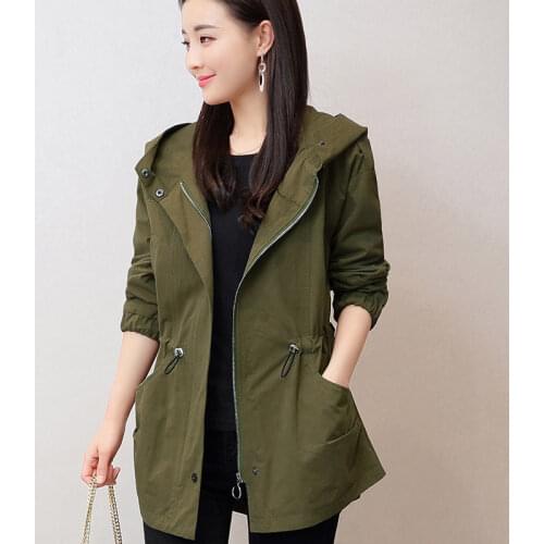 New Fashion Short Trench Coat Womens Large Size Coats With Hood Parker Casual Waist Loose Thin Ladies Trench Spring Autumn
